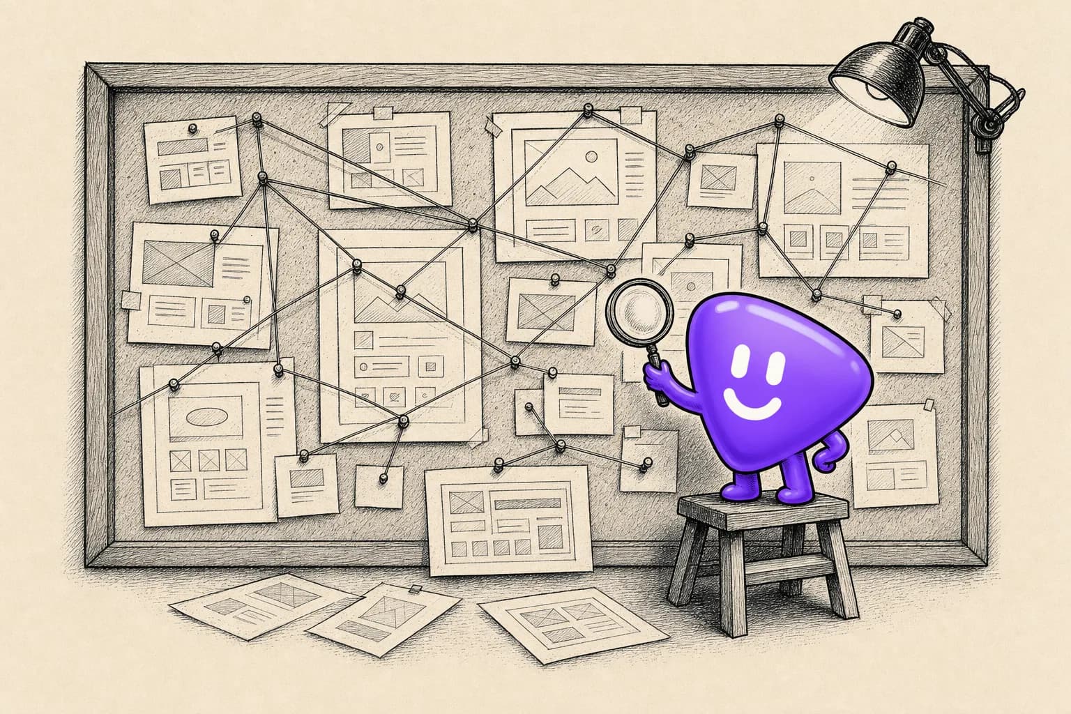 Playyy mascot inspecting a board of connected agent traces and design sketches