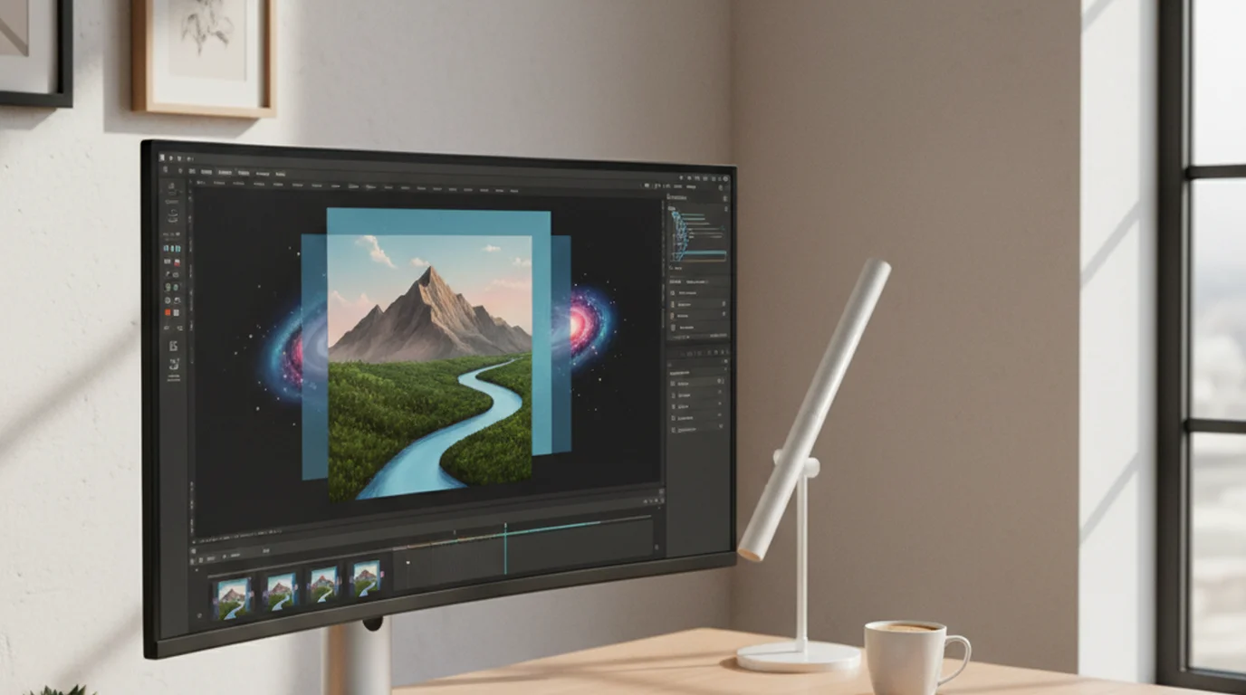 Designer's monitor showing layered image compositing with transparent overlays stacked on canvas in a minimal stylish workspace