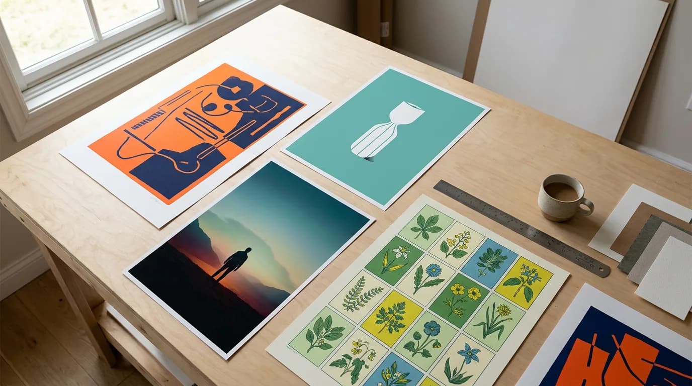 Assorted printed posters in bold colors spread across a large worktable with a ruler, paper samples and a coffee cup in soft daylight