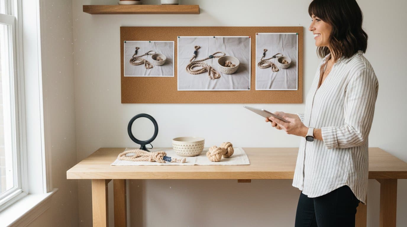 Amazon FBA pet brand founder reviewing product photos in multiple aspect ratios on a tablet beside a workbench of pet supplies.