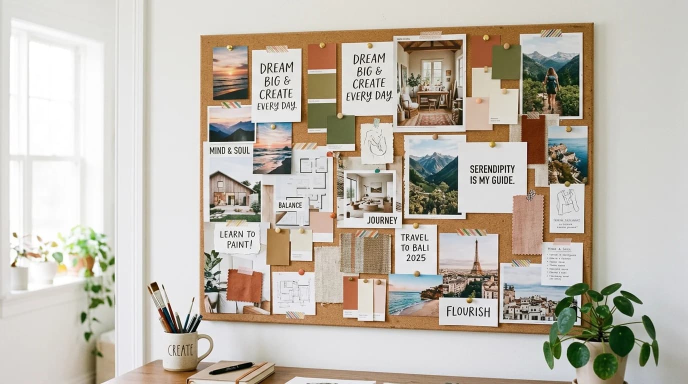 Curated vision board flat lay showing images organized by aesthetic — muted neutrals, botanical textures, and color swatches arranged with intentional visual logic