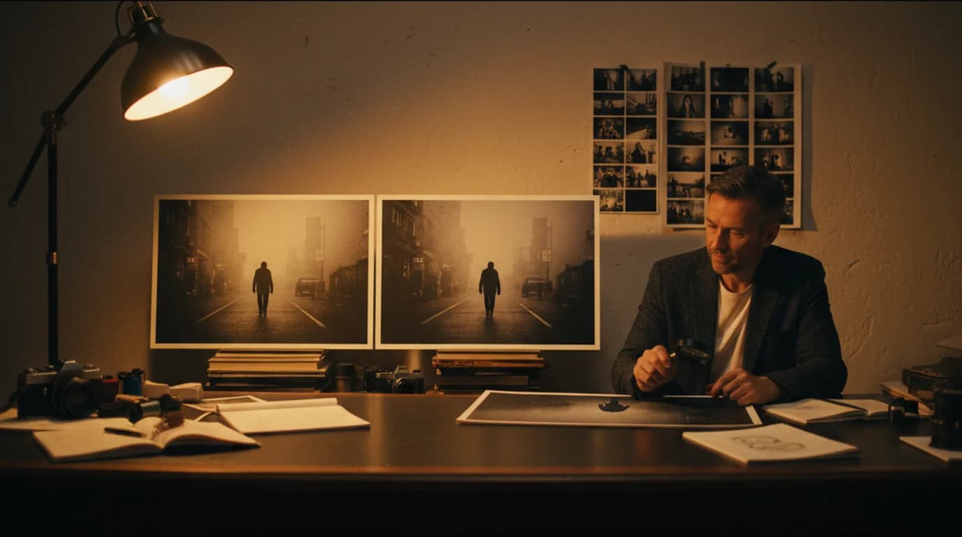 Creative director comparing a noisy photograph with its AI denoised version — grain removed, detail intact