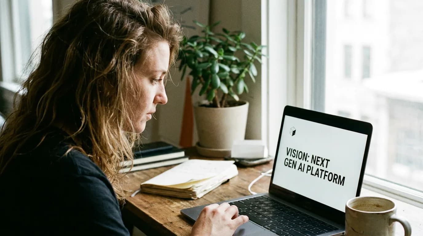 Founder at a wooden desk by a window reviewing the title slide of a pitch deck on her laptop, with a notebook, a plant and a coffee mug nearby