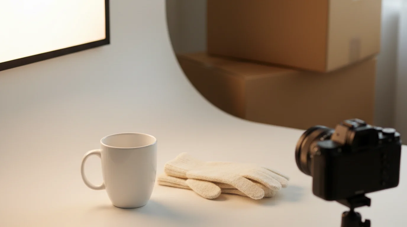 Home product photography setup with a white mug on a seamless white sweep, softbox and camera, for marketplace listing photos