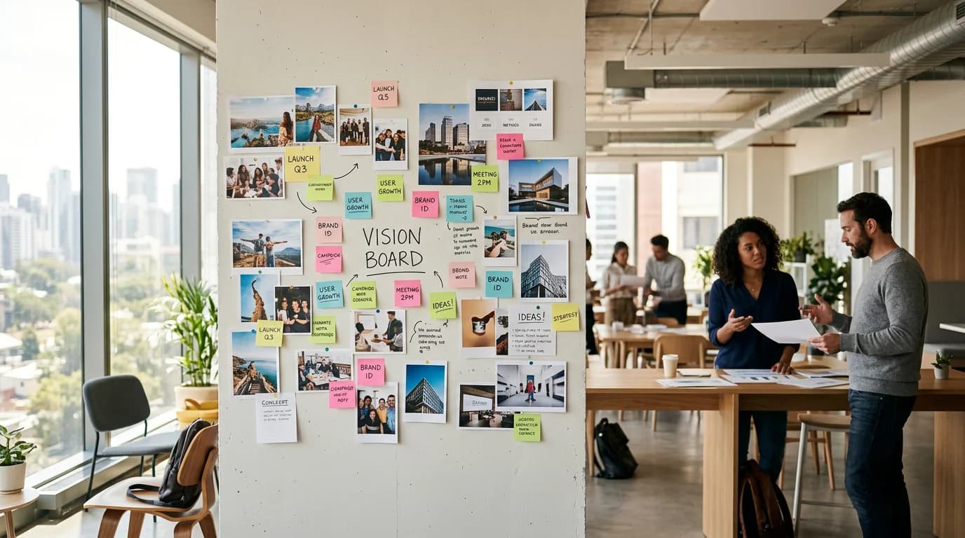 Founder presenting a brand vision board to a small team at a whiteboard, showing curated images and a color palette for a product campaign