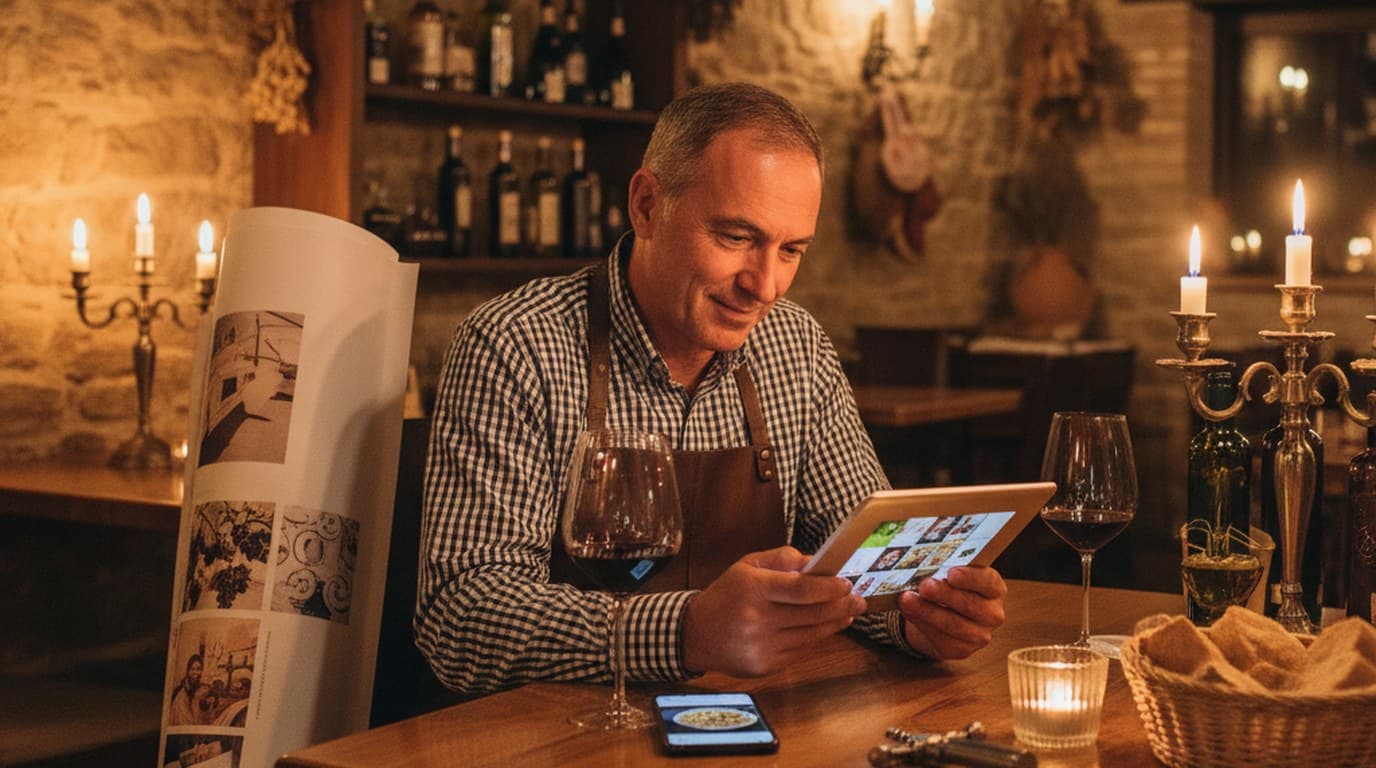 Italian restaurant owner reviewing a new menu launch campaign with printed poster, delivery platform banner, and Instagram post designs on a laptop.