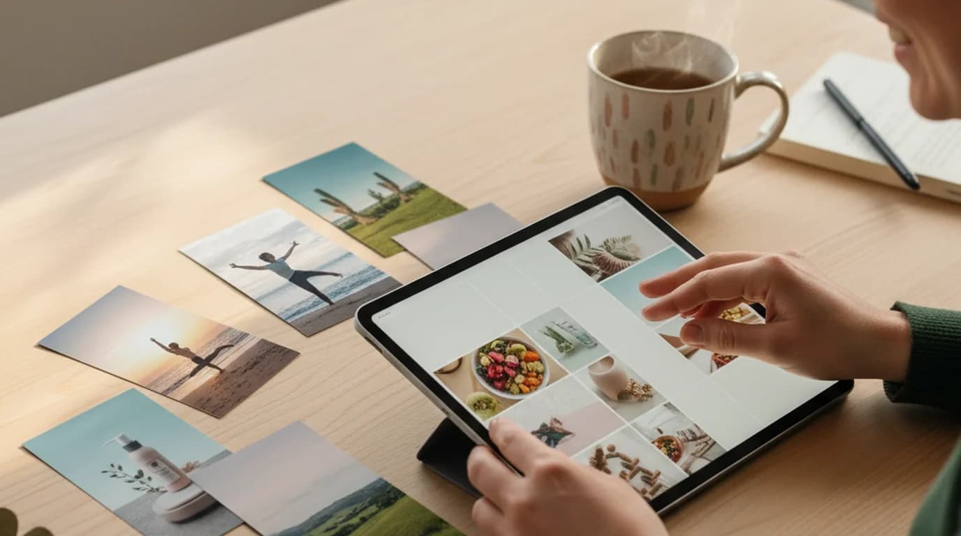 Social media manager arranging a multi-photo collage layout on a tablet with lifestyle photo tiles in a flatlay around the workspace