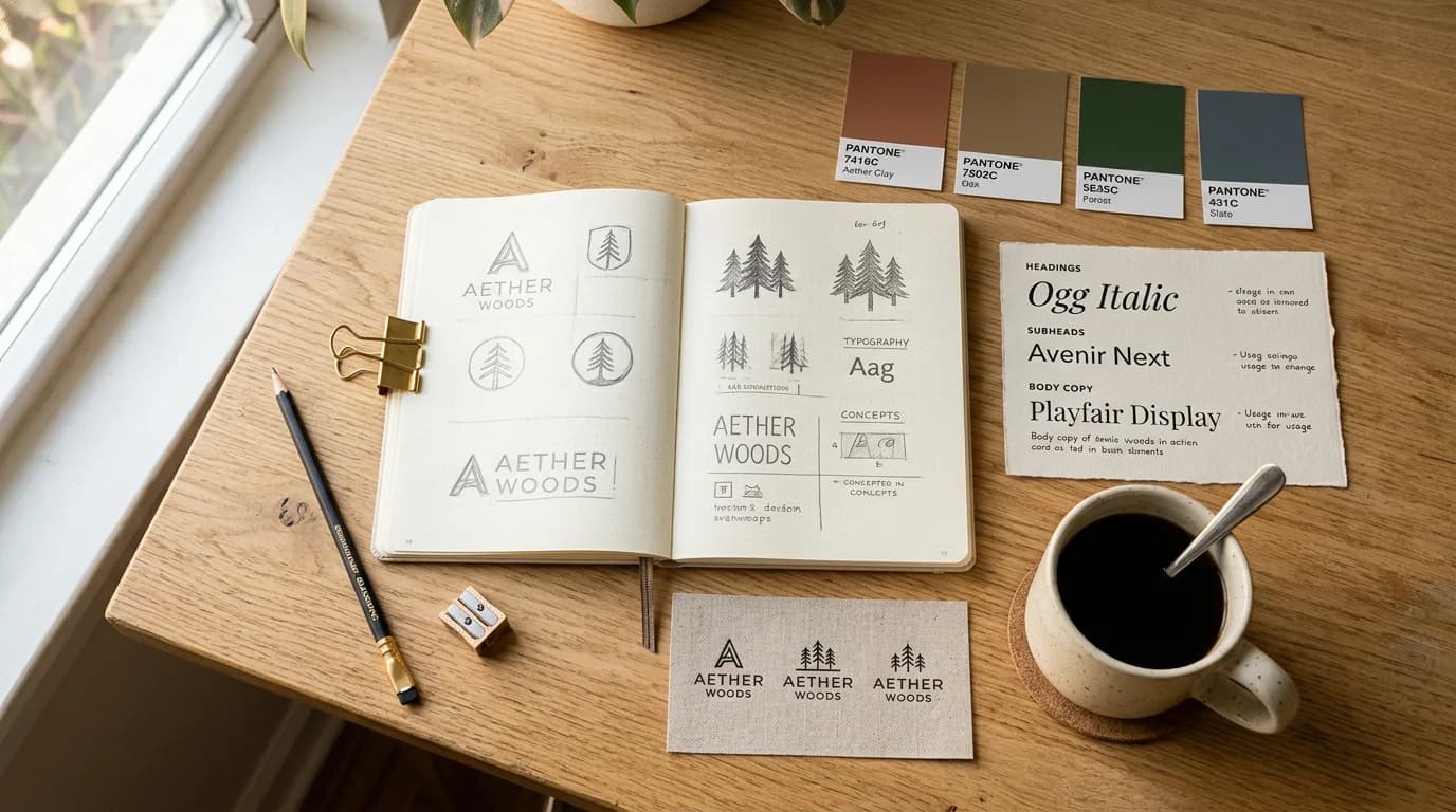 Brand identity system showing logo, color palette, typography, and campaign imagery laid out as a complete visual language for a modern brand