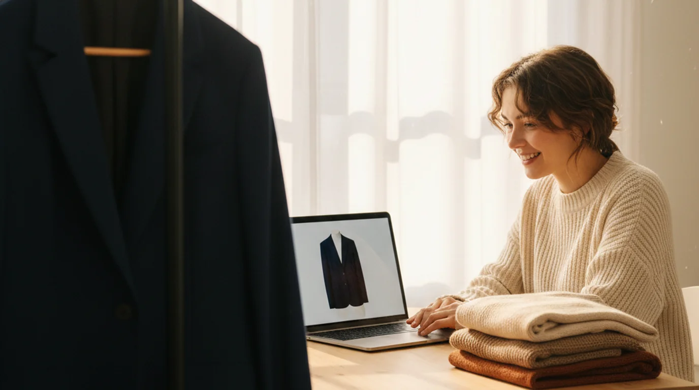 Apparel seller reviewing ghost mannequin photography on a laptop — a navy blazer on a hanger beside the same blazer as a hollow invisible-mannequin listing photo