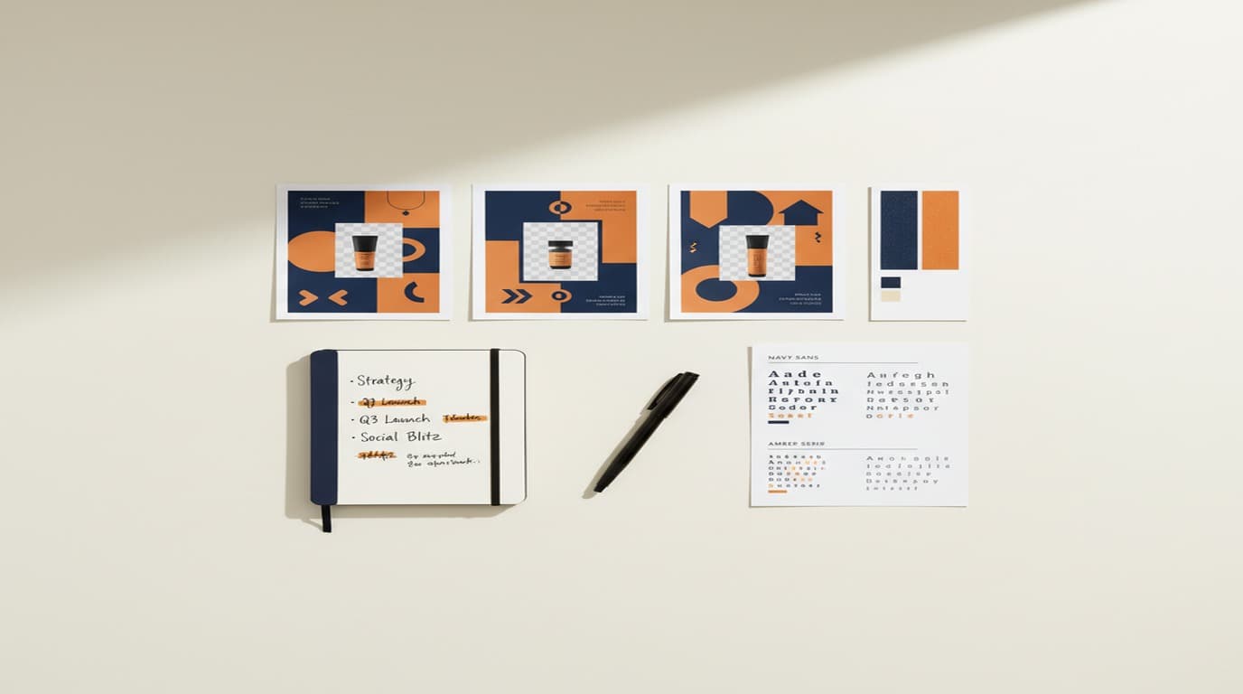 Marketing campaign assets — social ads, email banners, and landing page hero images — laid out in a grid showing consistent visual brand across formats