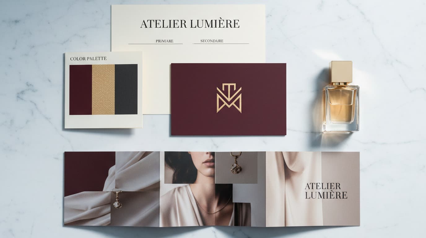 Brand identity system for a fashion brand showing logo, color palette, typography, campaign imagery, and packaging laid out in a precise, considered visual language