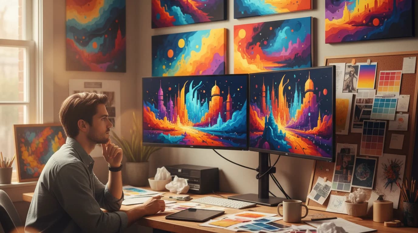 AI-generated digital artworks displayed on screens in a creative studio workspace — exploring NightCafe AI art generator capabilities
