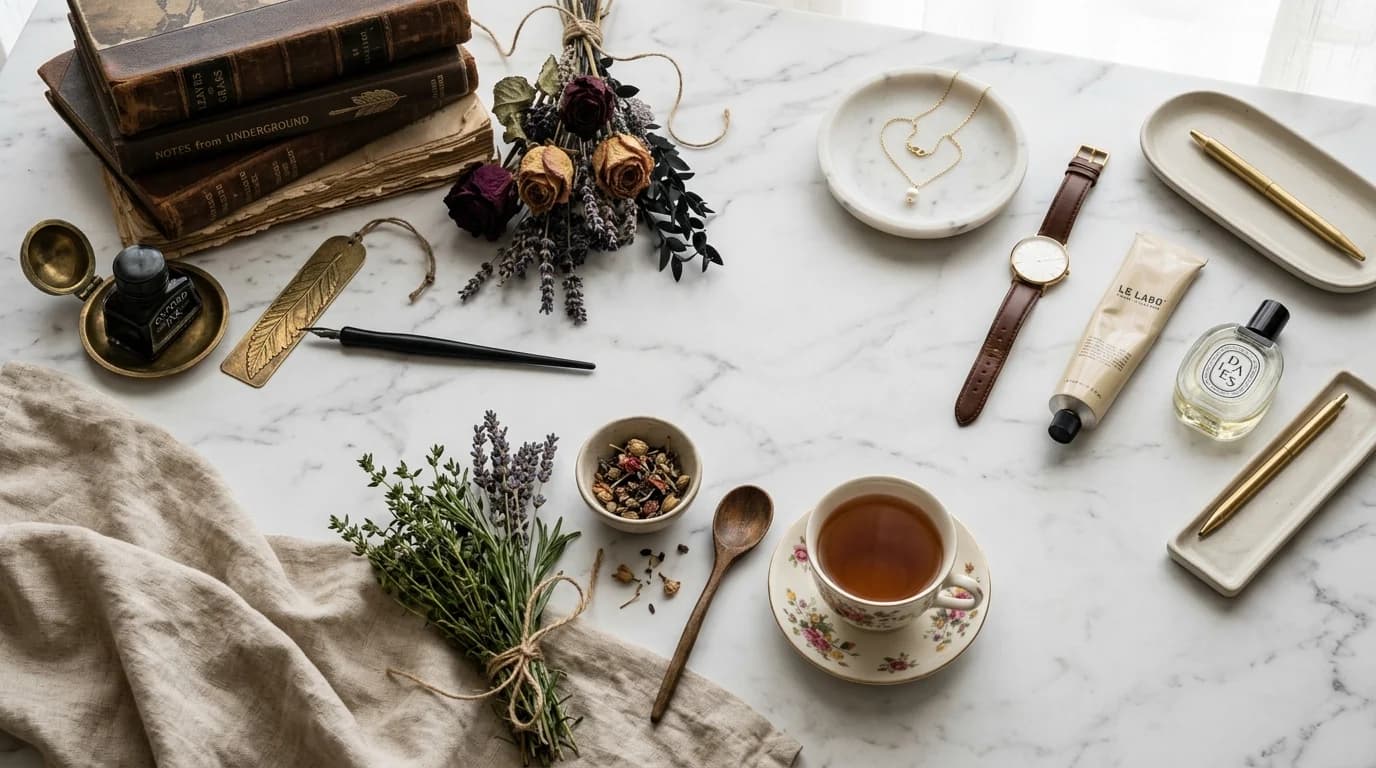 Flat lay of curated vision board images arranged by aesthetic — muted neutrals, dark moody tones, and botanical textures across different mood board styles