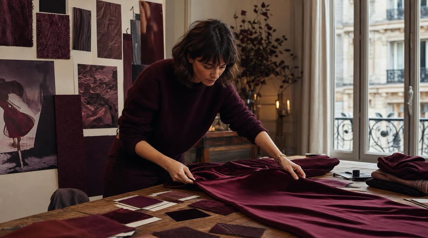 Fashion creative director arranging a deep burgundy silk flat lay in a bright Parisian studio, with fabric swatches and a mood board on the wall.