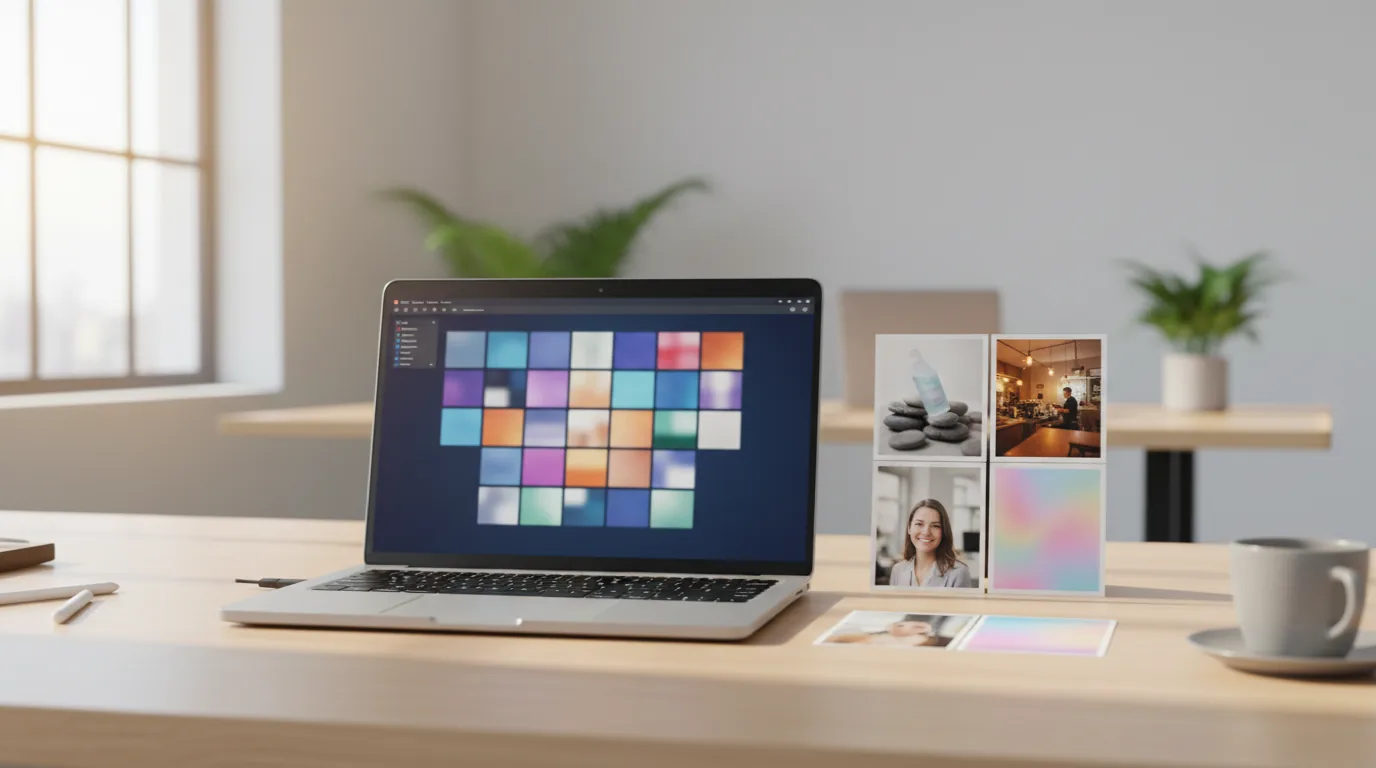Designer's desk with a laptop and printed AI-generated images made with image prompting: a skincare bottle on stones, a café scene, a headshot and a gradient poster