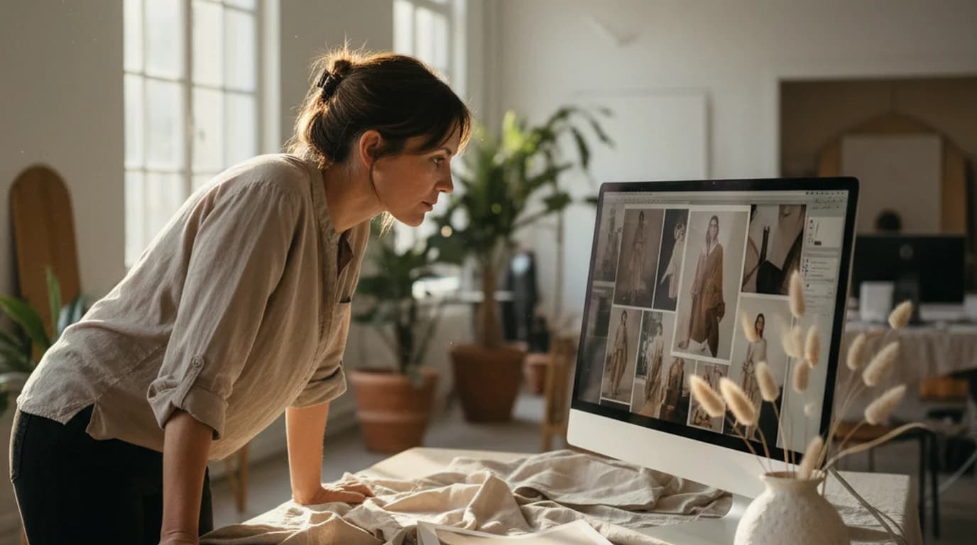 Creative director reviewing a fashion campaign visual on a fully editable AI photo editor canvas in a sun-lit studio with fabric swatches and printed references on the desk