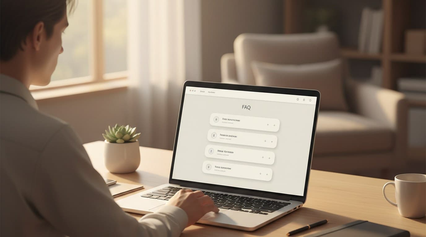 Laptop showing a clean FAQ page layout with accordion sections on a white background