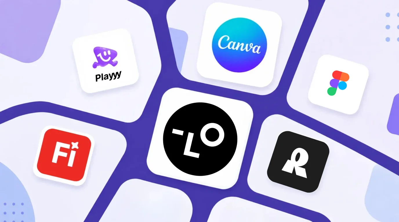 Designer's monitor showing a single design canvas holding a complete brand asset set — poster mockup, matching social tiles, an abstract mark and a colour swatch strip