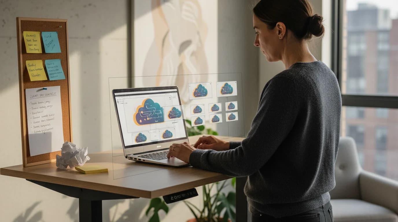 SaaS founder at a standing desk expanding one product hero illustration into wider launch banner formats with sticky notes and a launch checklist visible