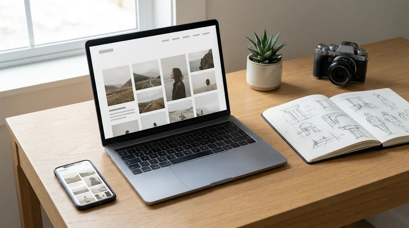 Laptop and phone on a light desk showing a minimal portfolio website with a large project image grid, next to a sketchbook and a camera