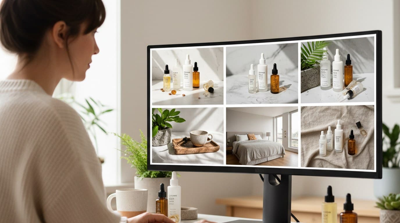 DTC skincare brand founder reviewing six different AI-generated product photo variations on a desktop monitor.