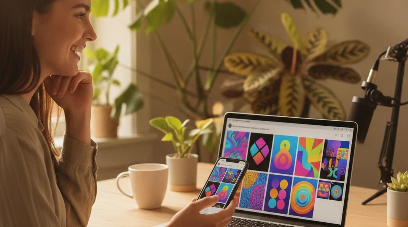 Content creator working on AI-powered visual designs on laptop with colorful social media templates and generated images on screen