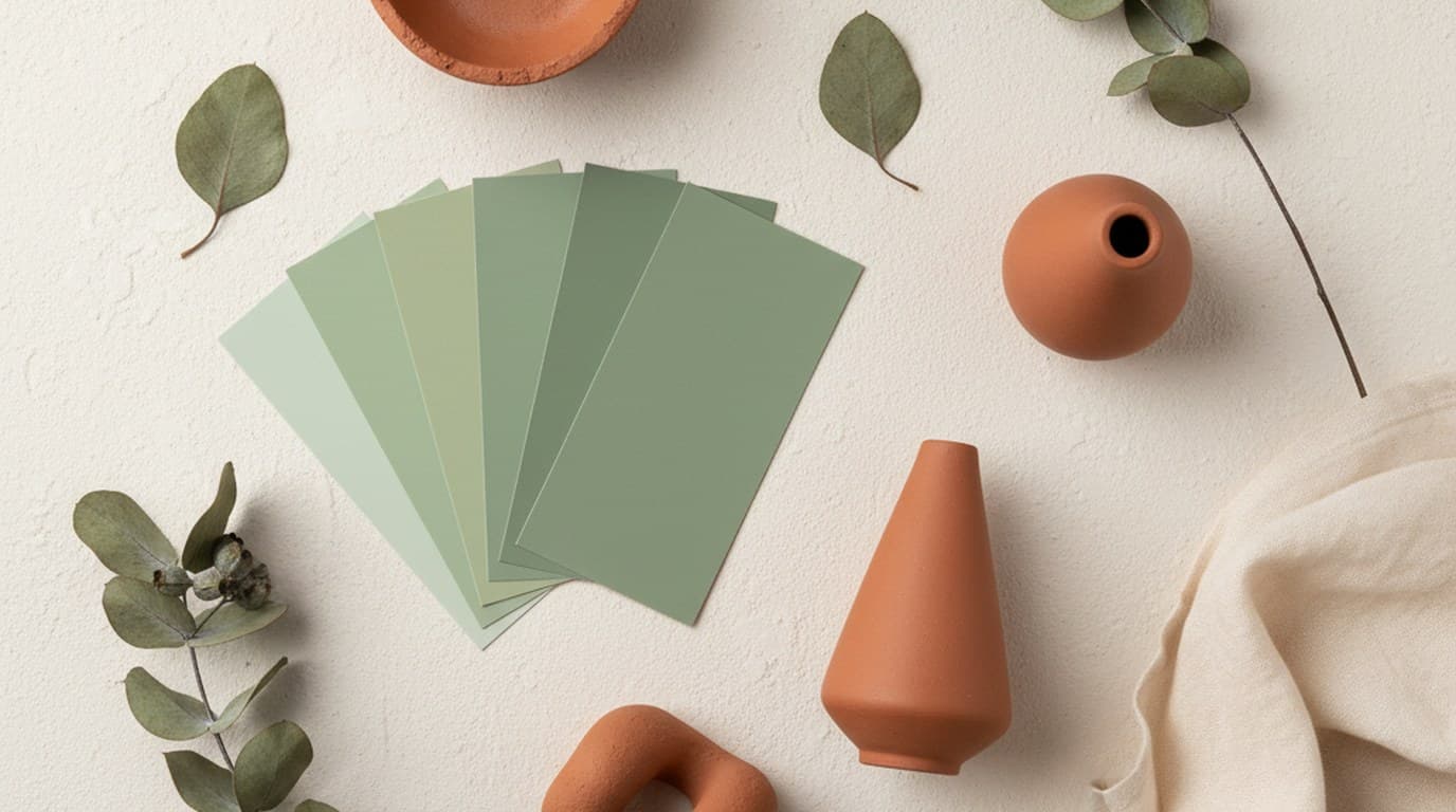 Sage green color swatch cards arranged with complementary palette combinations including warm terracotta and soft white tones
