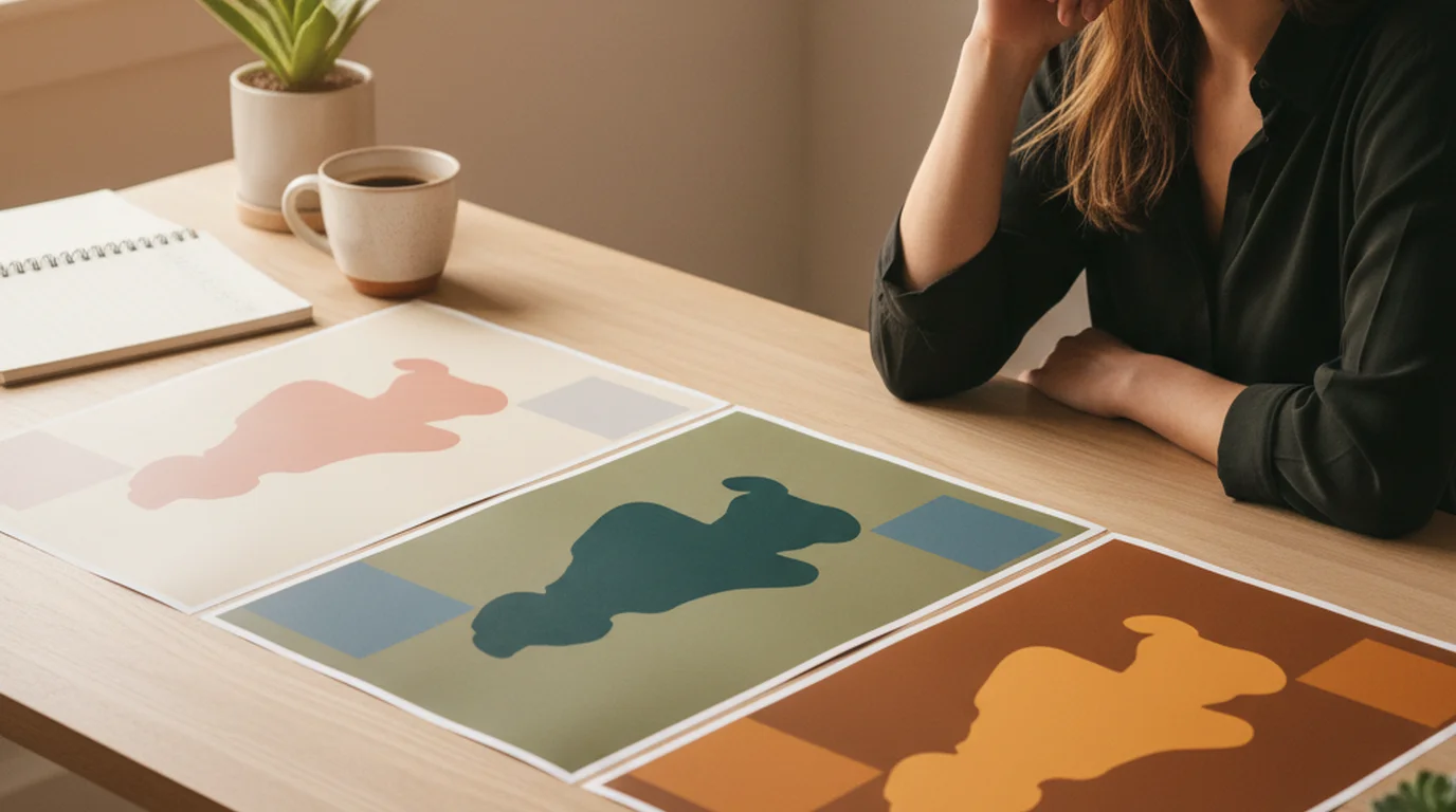 Growth marketer reviewing three color variants of the same campaign creative — pink, teal, and amber versions of one product ad on a desktop monitor