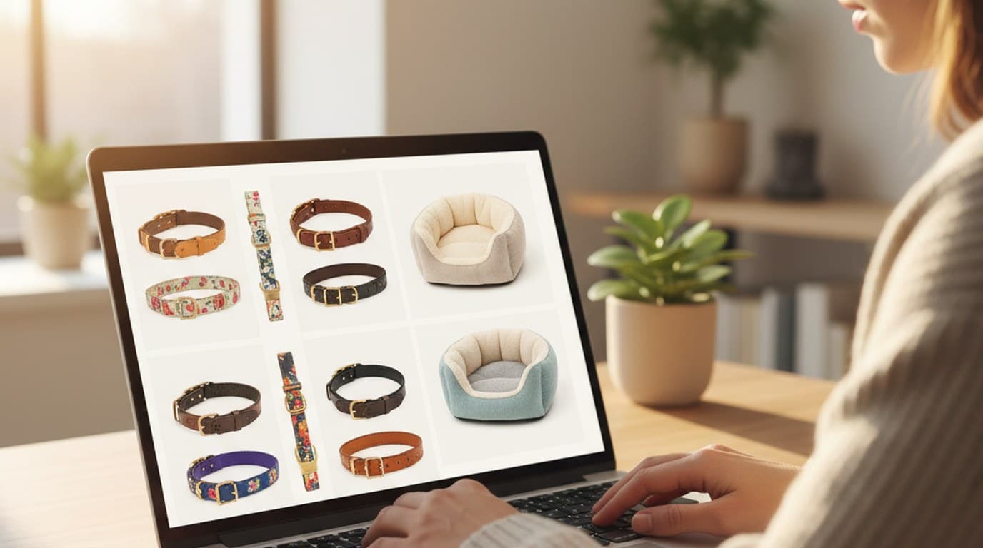Pet accessories laid out as polished e-commerce catalog images — clean white backgrounds and lifestyle scenes produced with AI background removal.