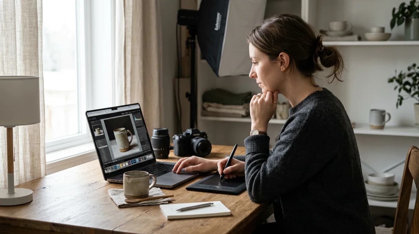 Product photo showing AI background removal process — original image with busy background on left, clean white background result on right with precise edge detection