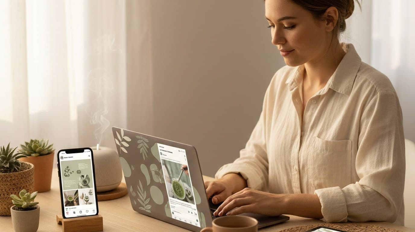 Wellness brand content creator at a bright minimal desk with phone showing Instagram, laptop showing TikTok, and tablet showing email newsletter with matching visual aesthetic.