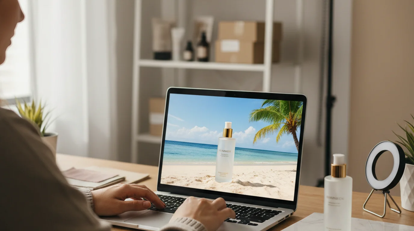 Ecommerce seller swapping a product photo background on a laptop — beauty bottle on marble tabletop in the room, same bottle composited onto a beach scene on screen