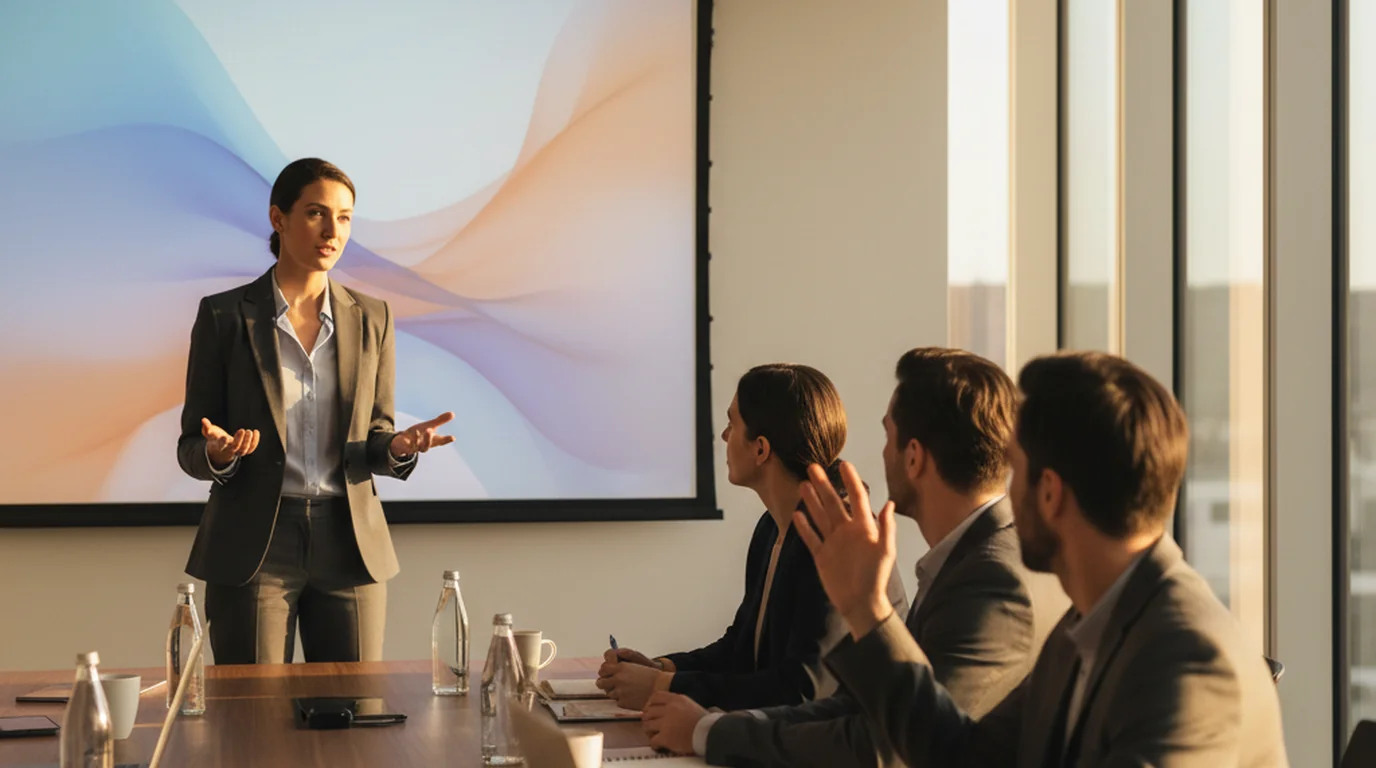 Projector screen at the end of a business presentation, closing slide still lit while colleagues at the table ask questions