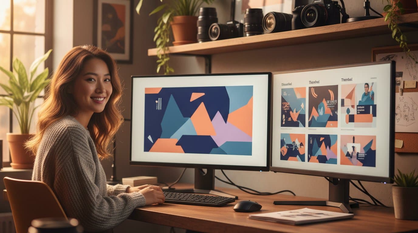 YouTube creator reviewing new channel branding designs including banner and thumbnail templates on dual monitors in a warm home studio setup.