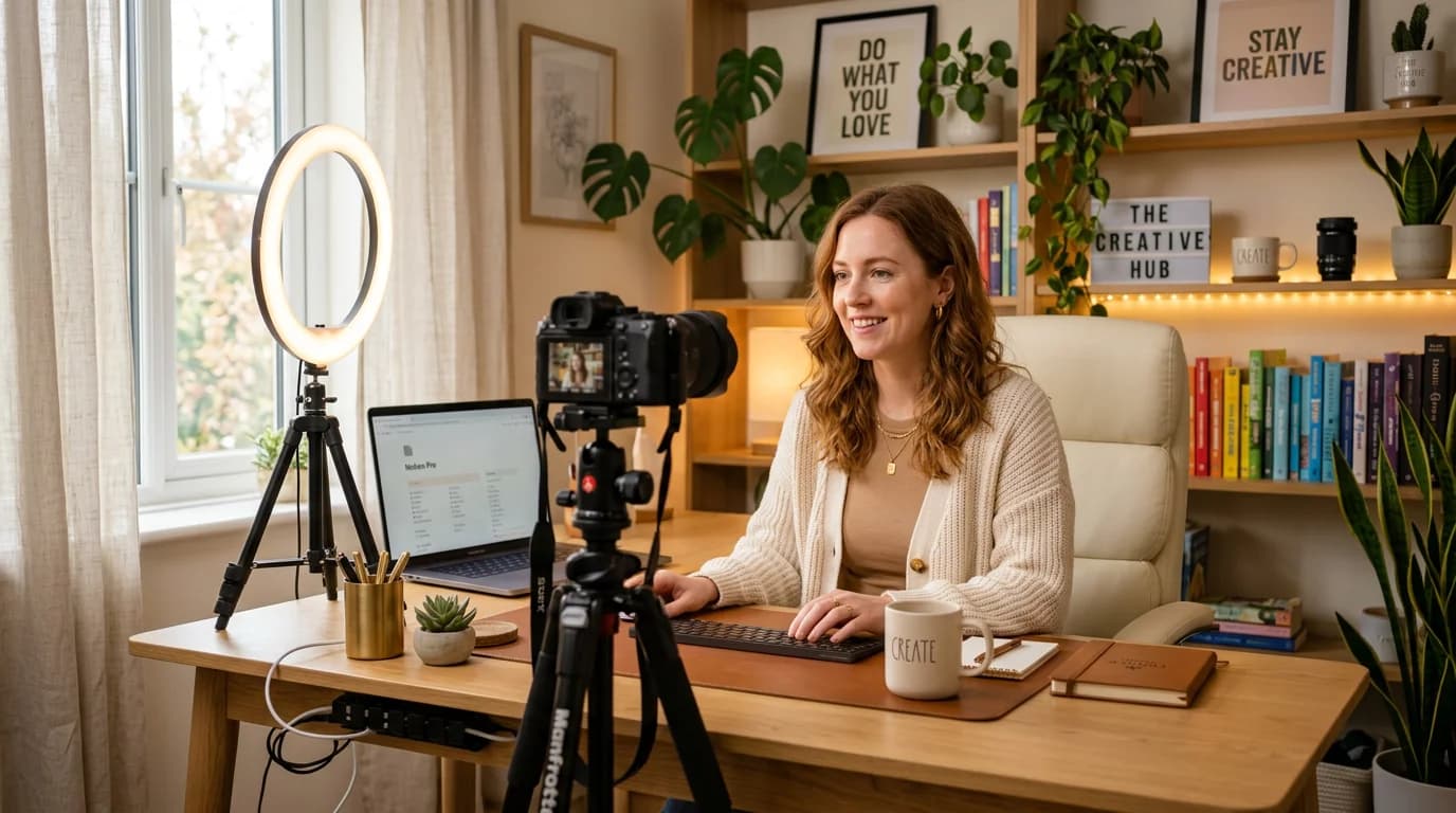 Creator content spread showing visually consistent YouTube thumbnail, Instagram post, newsletter header, and product launch page — all using the same color palette and visual style