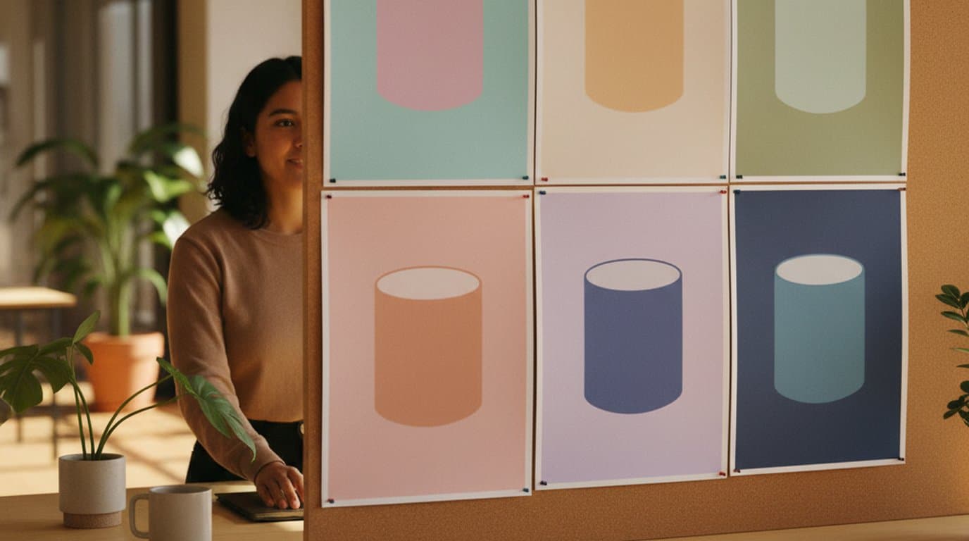 Performance marketer reviewing a wall of color-variant product creatives in a sunlit modern startup office, comparing pastel palettes for paid social tests.