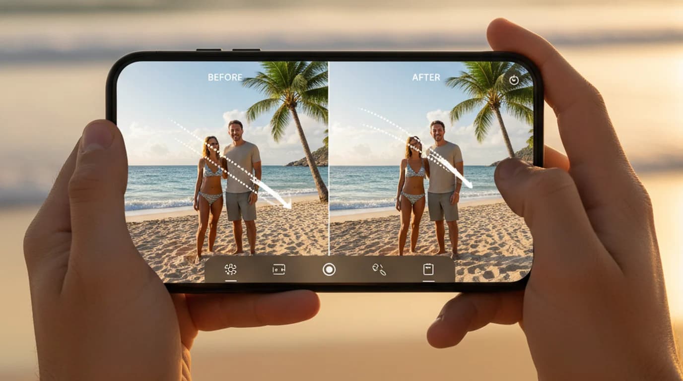 Hands holding smartphone using magic eraser photo editing tool to remove unwanted person from beach vacation photo