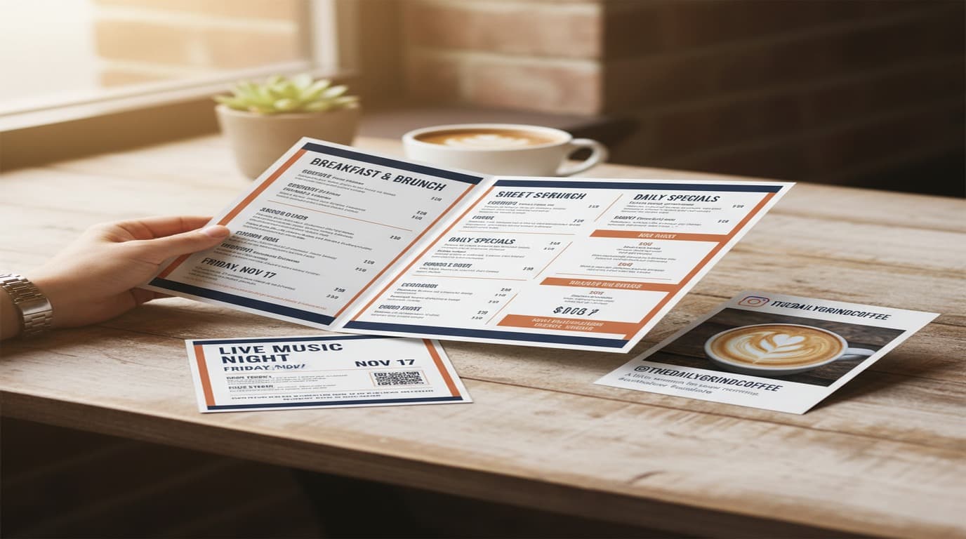 Local restaurant's consistent brand visuals — menu design, event flyer, Instagram post, and signage all using the same colors, fonts, and visual style