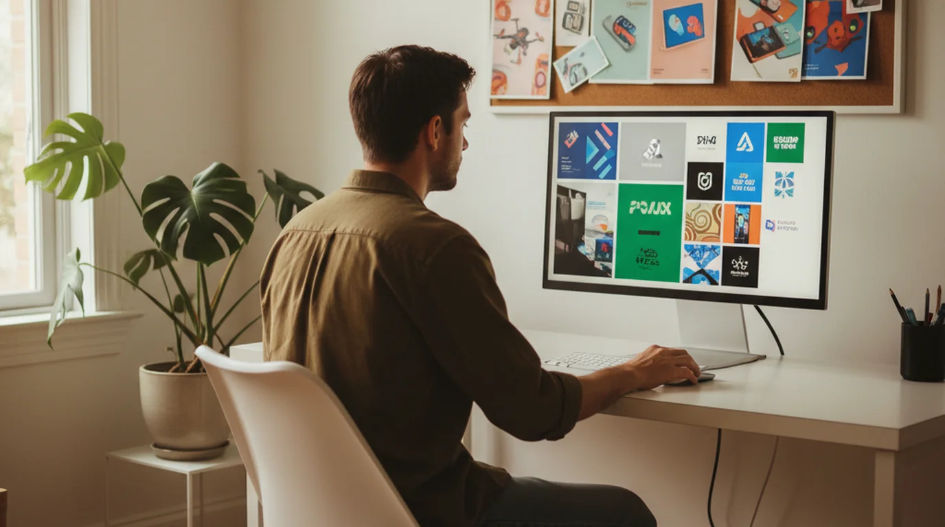 Startup founder at a desk reviewing a grid of AI-generated brand visuals on a monitor with a mood board on the wall