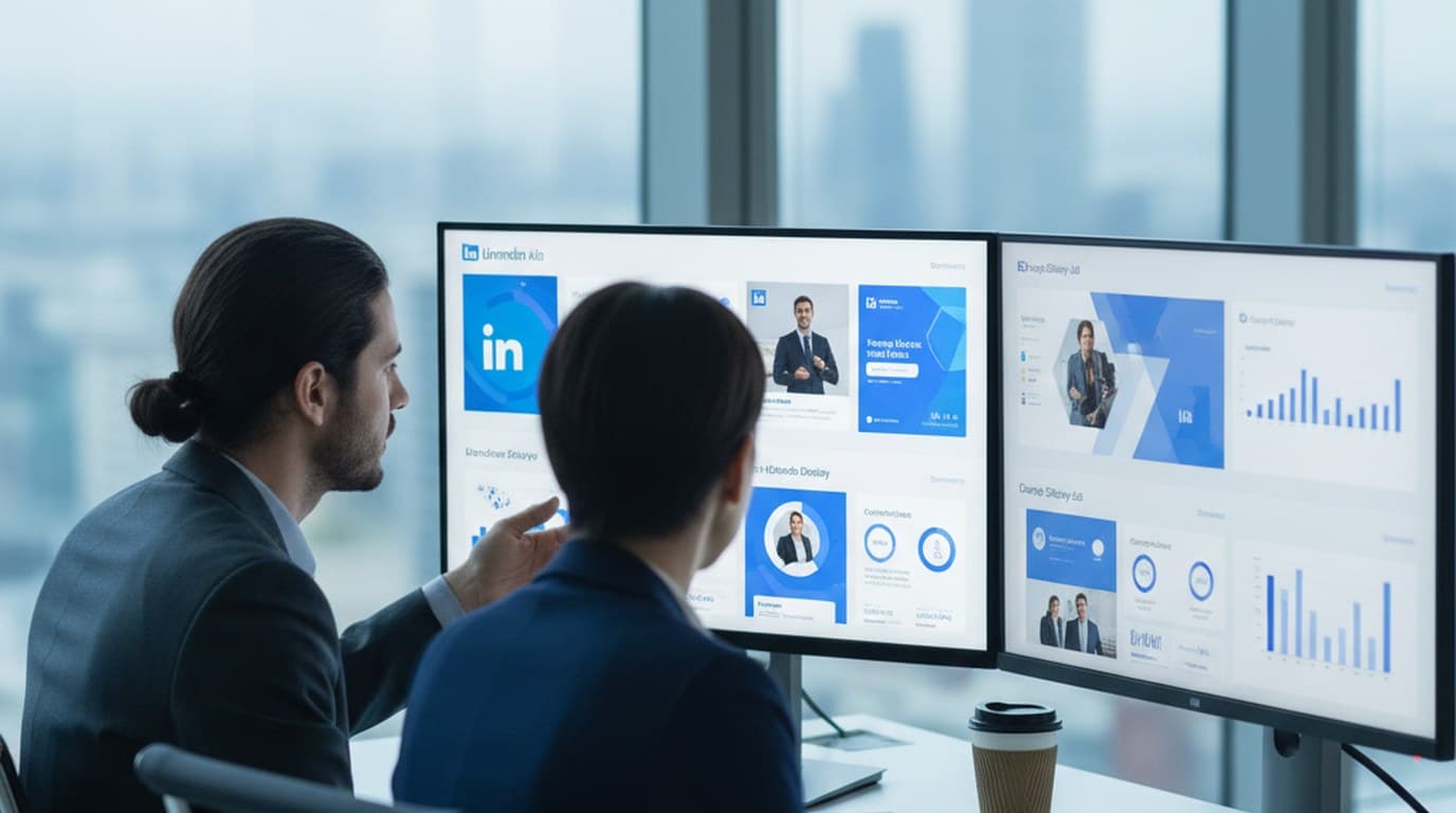 B2B SaaS marketing team reviewing multiple ad creative variants on dual monitors with campaign performance data visible.