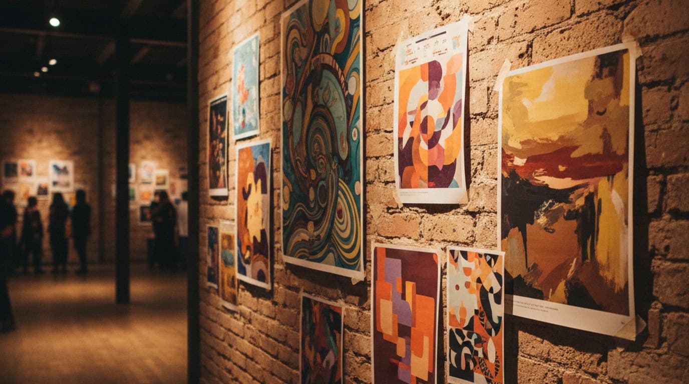 Selection of printed event posters in various sizes pinned to a cork board in a community space