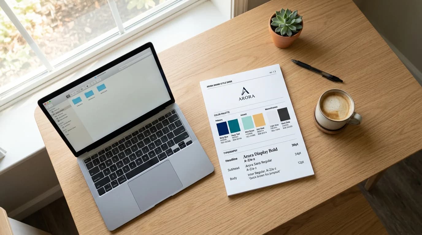 Startup brand guidelines document open on a desk showing logo variants, color palette, and typography — a practical one-page visual identity reference for a small team
