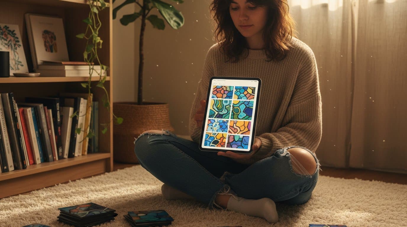 Indie creator arranging a multi-slide vertical photo carousel on a tablet, with printed photo tiles spread across a soft rug in afternoon light.