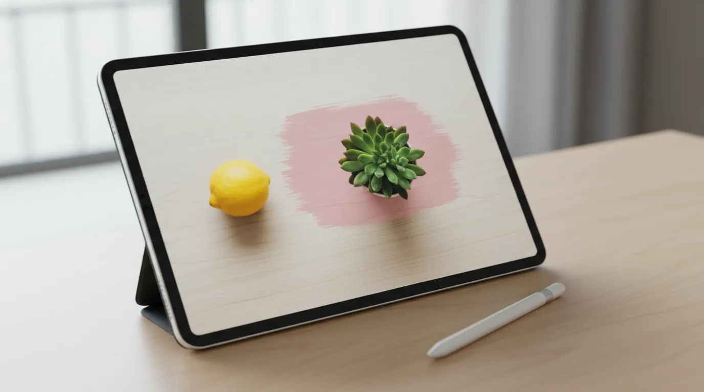Tablet showing a wooden tabletop photo where a pink brush mask marks the area AI inpainting filled with a small succulent next to a lemon