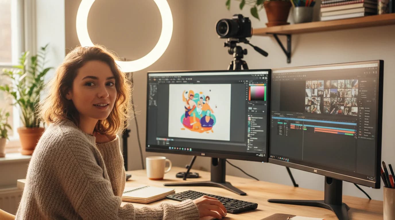 Content creator at a home studio desk with dual monitors showing design and video editing tools, camera and ring light in the background