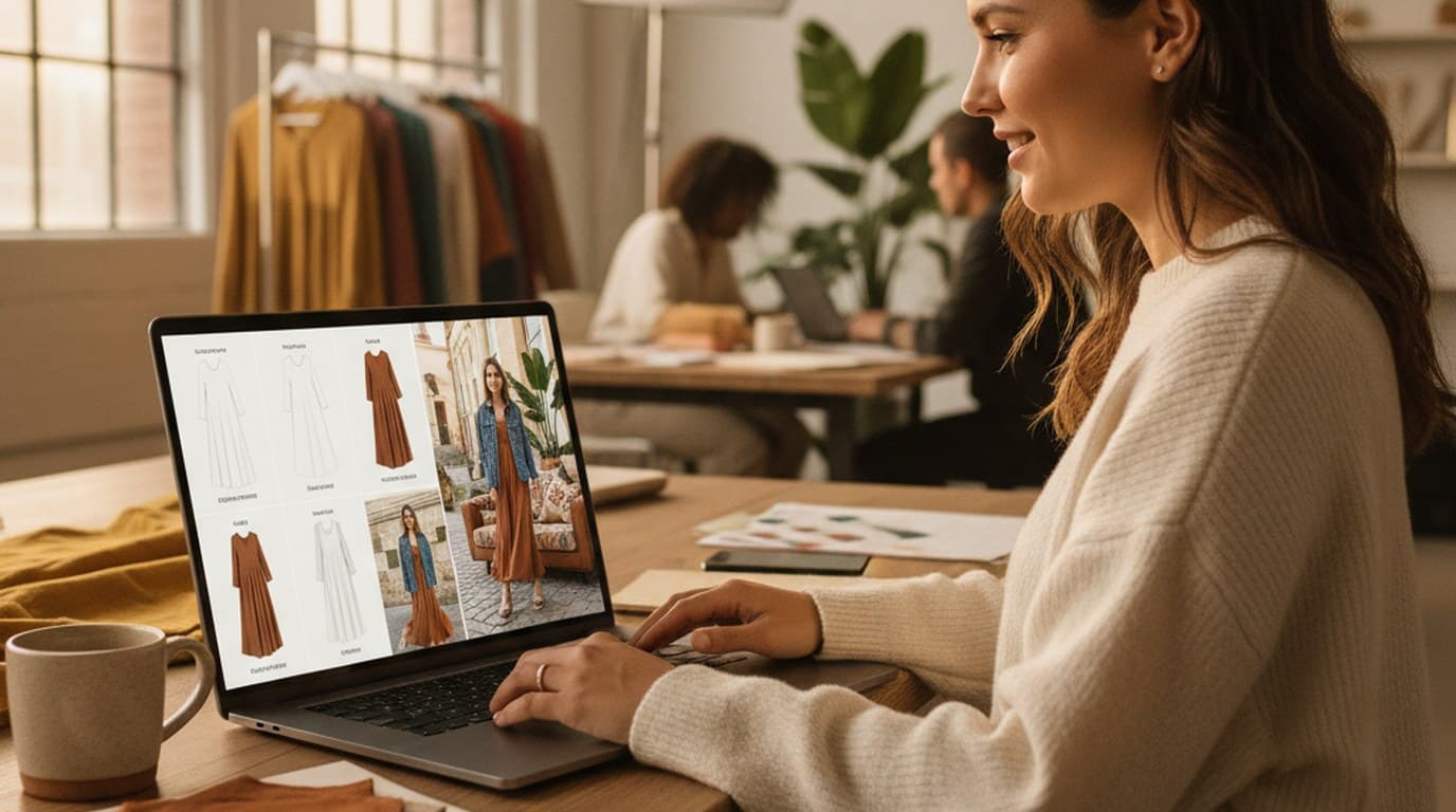 E-commerce team member reviewing AI-edited product photos on a laptop, comparing supplier images with polished lifestyle scenes.