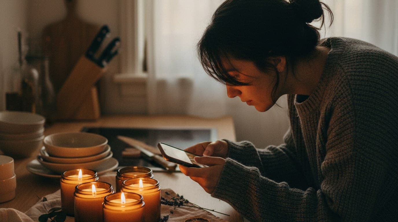 Handmade soy candles photographed in a moody lifestyle setting with dark botanical elements, created from phone photos using AI photo editing.