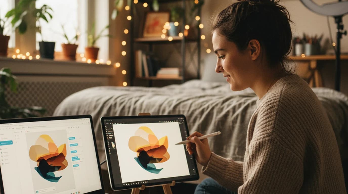 Indie creator comparing a chat-based image generator on a laptop with the same image opened on a fully editable layered canvas on a tablet in a cozy home studio
