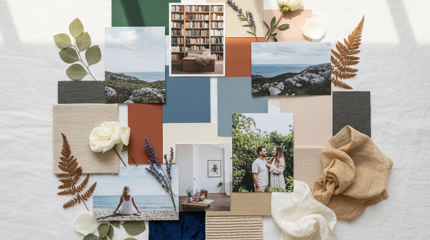 Flat lay of a vision board with curated magazine cutouts, color swatches, and typography samples arranged on a white surface