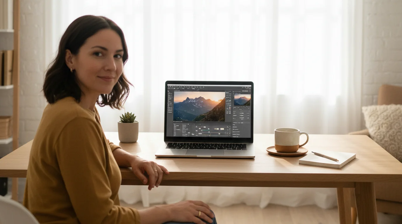 Creative beginner editing photos on a laptop at a bright airy desk with natural light and coffee nearby